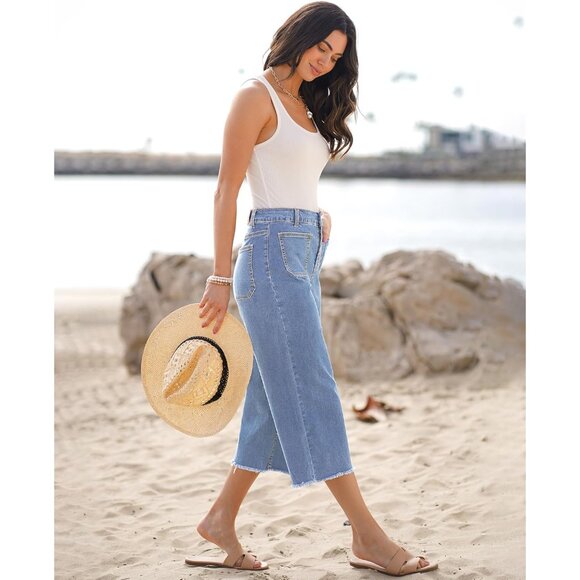 Women's Wide Leg Crop Jeans Cotton Spandex Stretchy High Waisted Casual - Picture 8 of 8